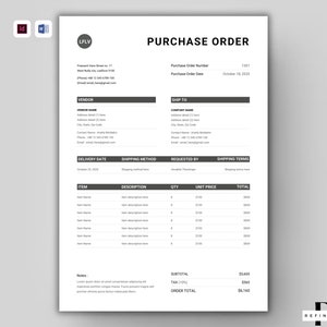 Purchase Order InDesign Template Purchase Template Order Form Editable Billing Form Sales Order Form Order Template Printable Purchase Order