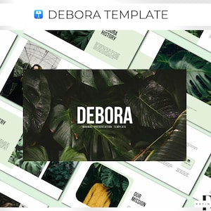May include: A presentation template with the title "Debora" and a background image of lush green tropical leaves. The template includes slides for a gallery, our mission, our services, and company history.