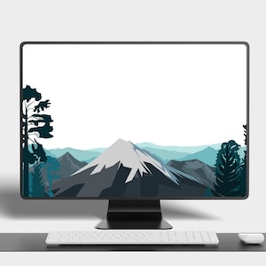 May include: A computer monitor displaying a scenic mountain landscape with a white peak and blue and green hues. The monitor is on a desk with a white keyboard and a white mouse.