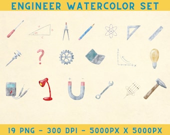 Engineer Watercolor Set Art PNG Watercolor Civil Engineer Printable Structural Engineer Png Clip Art Engineer Icons 300dpi Engineering Icons