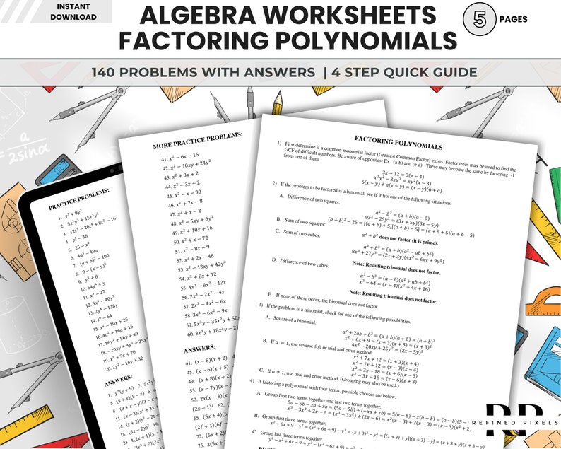 Algebra Worksheets Printable Factoring Polynomials Algebra Worksheet ...