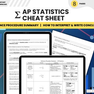 Cheatsheet AP-statistieken pdf AP-statistieken Examen downloadbare formules en tips Afdrukbare studiegids Statistieken beoordeling Examenvoorbereidingshandleiding Referentie