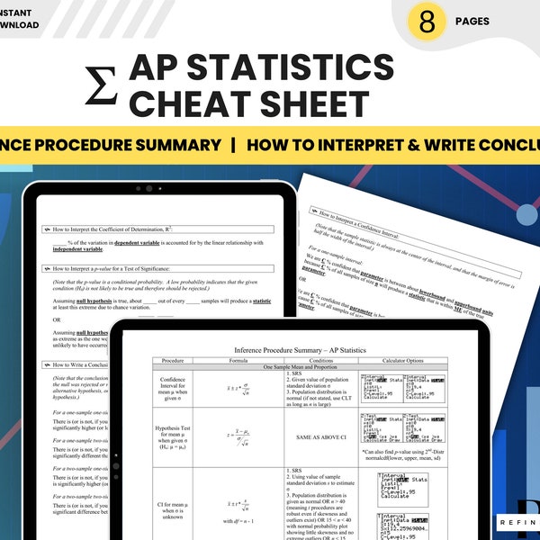 AP Statistics Cheat Sheet AP Statistics Notes Concepts AP Statistics Exam Guide Mathematics Spreadsheet Cheat Sheet Statistics Formulas pdf
