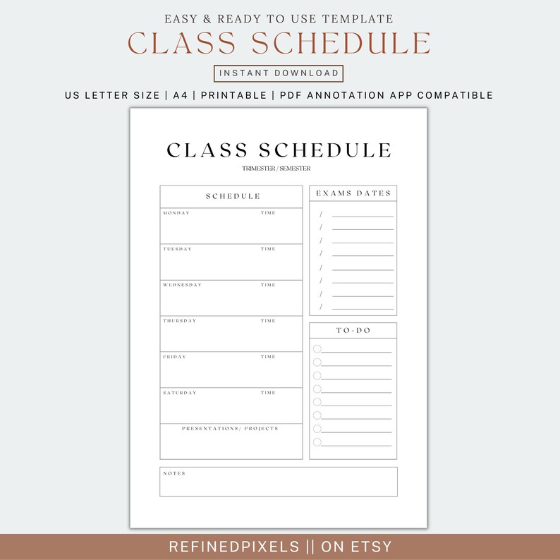 Class Schedule Printable College Schedule Organizer Student Schedule ...