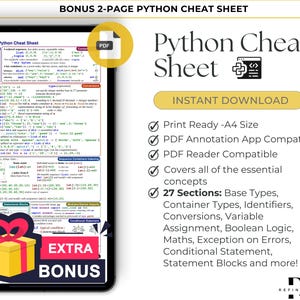 Puede incluir: Una caja de regalo amarilla y dorada con una cinta roja se encuentra delante de una hoja de trucos de Python de dos p&aacute;ginas. La hoja de trucos es un documento PDF imprimible con 27 secciones que cubren conceptos esenciales de Python. El documento es compatible con aplicaciones y lectores de anotaci&oacute;n PDF. El texto "BONUS 2-PAGE PYTHON CHEAT SHEET" est&aacute; en la parte superior de la imagen.