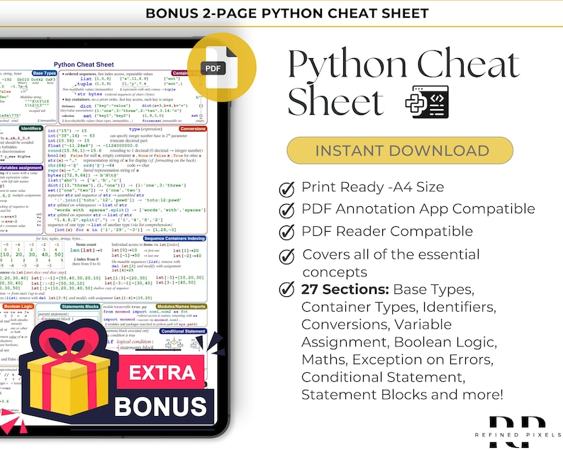 Puede incluir: Una caja de regalo amarilla y dorada con una cinta roja se encuentra delante de una hoja de trucos de Python de dos p&aacute;ginas. La hoja de trucos es un documento PDF imprimible con 27 secciones que cubren conceptos esenciales de Python. El documento es compatible con aplicaciones y lectores de anotaci&oacute;n PDF. El texto "BONUS 2-PAGE PYTHON CHEAT SHEET" est&aacute; en la parte superior de la imagen.