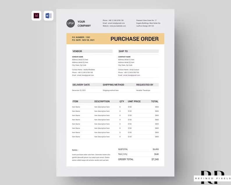 Purchase Order Indesign Template Editable Purchase Order Template Form ...