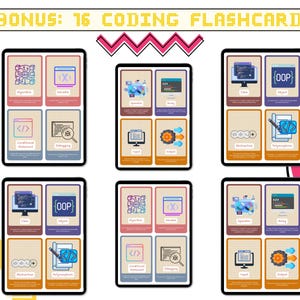 Pode incluir: Um conjunto de 16 flashcards coloridas com ilustra&ccedil;&otilde;es e texto relacionados a conceitos de codifica&ccedil;&atilde;o. Os flashcards est&atilde;o organizados em quatro linhas de quatro cart&otilde;es cada. Cada cart&atilde;o apresenta um conceito de codifica&ccedil;&atilde;o diferente, como algoritmos, depura&ccedil;&atilde;o e programa&ccedil;&atilde;o orientada a objetos.