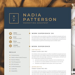 May include: A dark blue resume template with gold accents. The resume is for Nadia Patterson, Marketing Assistant. The resume includes contact information, work experience, and skills.