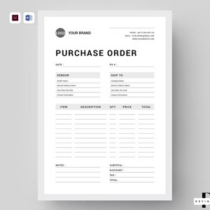 InDesign Template Business Purchase Order Editable Purchase Order Template Form Document Printable Purchase Order Editable Purchase Order