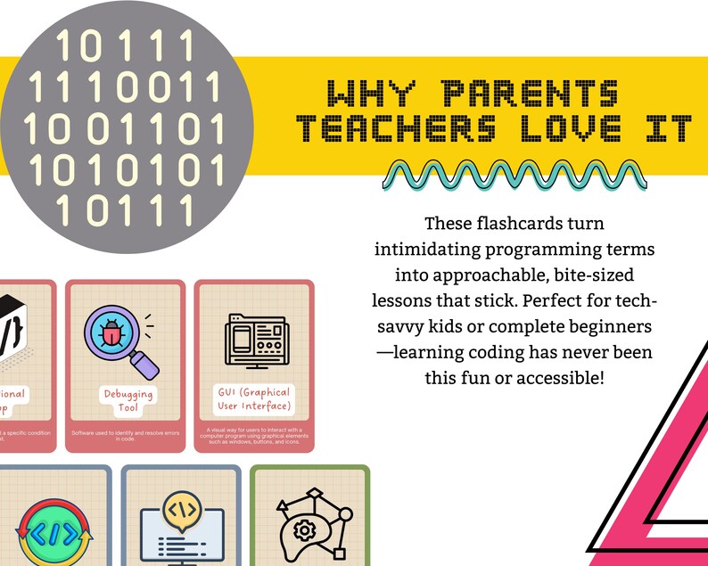 Pode incluir: Flashcards com ilustra&ccedil;&otilde;es coloridas e texto que explica termos de programa&ccedil;&atilde;o como ferramenta de depura&ccedil;&atilde;o, GUI e loop condicional. O texto "WHY PARENTS TEACHERS LOVE IT" est&aacute; em uma faixa amarela na parte superior da imagem.