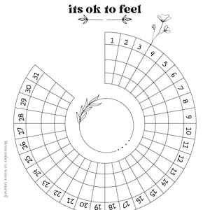 May include: A black and white printable mood tracker with a circular design. The tracker has 31 days and includes a list of emotions such as happy, tired, bored, hyper, lonely, worried, stressed, content, sad, excited, angry, and joyful.