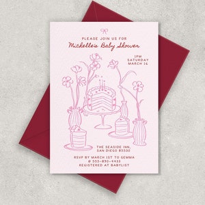 Modèle d'invitation de baby shower, baby shower, fleurs dessinées à la main, dessin de gâteau, rose et rouge, modifiable, manuscrit, original, mignon