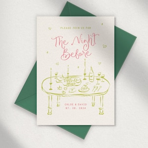 REHEARSAL DINNER INVITE Template, funky hand drawn, the night before wedding, whimsical scribble illustration, tablescape, colorful