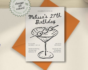 BIRTHDAY PARTY INVITATION, dirty martini illustration, handwritten digital invite, whimsical black and white editable template, funky unique