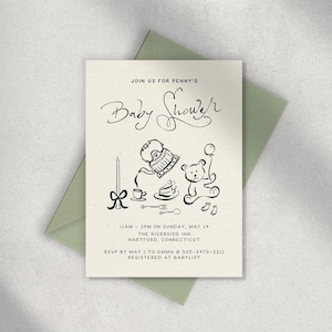 WHIMSICAL BABY SHOWER invite template, hand drawn tea party, chic french inspired, summer baby, editable, gender neutral, handwritten