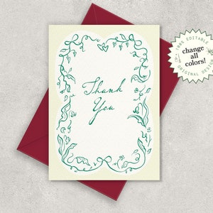 Thank You Card Template, whimsical vines, french inspired, hand drawn greenery, flat,  handwritten wedding note, garden party theme  | WL2