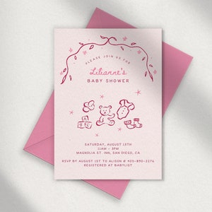 Modèle d'INVITATION BABY SHOWER, lunatique et ludique dessinés à la main, rose et rouge, petite fille, illustrations originales, mignon, modifiable, invitation numérique