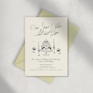 May include: A birthday party invitation with a hand-drawn illustration of a cake with candles and wine glasses. The text reads "One Year Older...but not Wiser" and includes details about the party, including the date, time, location, and RSVP information.