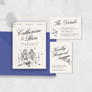 WEDDING INVITATION SET with Rsvp, chic hand drawn vintage illustration, whimsical french inspired, editable, romantic, black & white