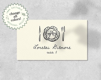 PLACE CARD TEMPLATE, hand drawn french inspired, whimsical wedding name card instant download, plate setting bow illustration, handwritten