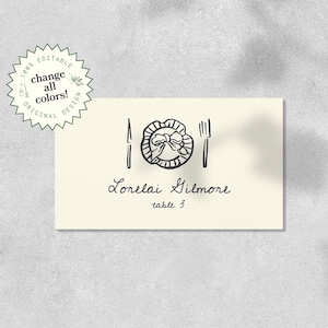 PLANTILLA DE TARJETA DE LUGAR, dibujada a mano, inspirada en Francia, tarjeta con nombre de boda caprichosa, descarga instantánea, ilustración de moño con plato, escrita a mano
