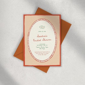 BRIDAL SHOWER INVITE template, hand drawn, colorful wedding shower brunch, terracotta, oval frame border, whimsical handwritten, stripes