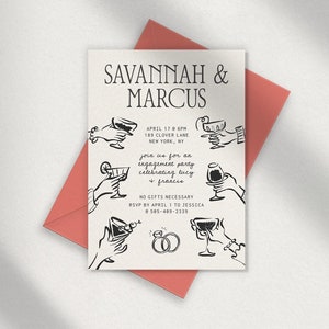 PARTY INVITATION TEMPLATE, hand drawn cocktail glasses, engagement celebration invite, editable, whimsical cheers, handwritten scribble