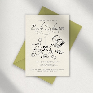 BABY SHOWER INVITE Template, hand drawn invitation, whimsical tea party, french inspired scribble illustration, baby brunch, handwritten
