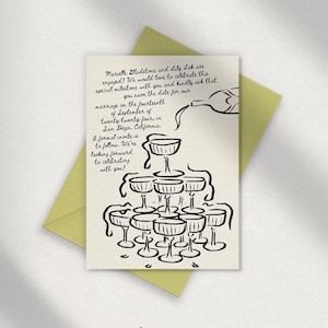 SAVE THE DATE Template, champagne tower illustration, quirky handwritten cursive letter,  Parisian invite, whimsical editable vintage