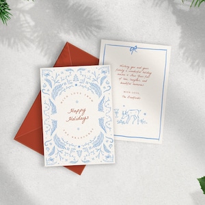 Plantilla de TARJETA DE FELICITACIÓN FESTIVA, borde navideño dibujado a mano, dibujos invernales extravagantes, escritos a mano, 5x7, azul y rojo, totalmente editable
