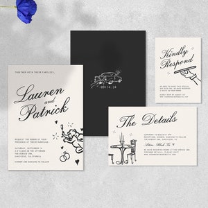 May include: A set of wedding invitation cards with black and white illustrations. The main card features the names "Lauren and Patrick" in cursive script. The other cards include details about the ceremony, reception, and RSVP information.