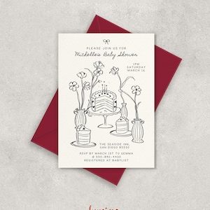 Plantilla de invitación para baby shower, género neutro, pastel dibujado a mano, flores, ilustración garabateada, manuscrita, caprichosa, invitación digital
