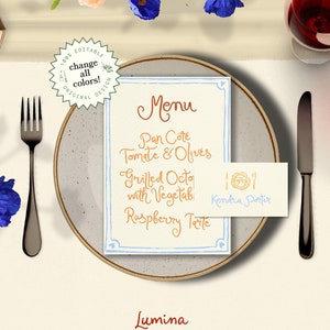 MENU & PLACE CARD Template, colorful hand painted summer set, editable handwriting, watercolor style illustrated name card, whimsical | HP1