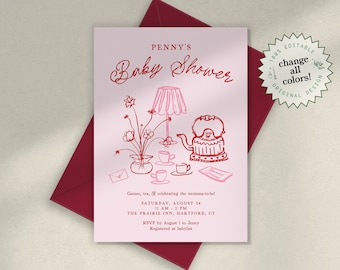BABY SHOWER INVITATION Template, whimsical pink and red tea party, french inspired scribble illustration, hand drawn tea pot, baby brunch