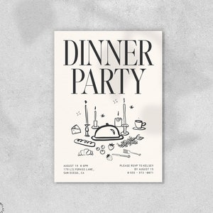 PARTY INVITATION TEMPLATE, hand drawn whimsical modern dinner party, funky unique invite, editable scribble illustrations, whimsical card