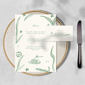 MENU & PLACE CARD template, greenery double sided wedding menu, whimsical name card, italian french inspired handwritten illustrations | LM1