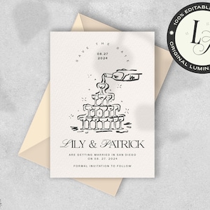 SAVE THE DATE Template, classic champagne tower, hand drawn vintage inspired, classy art deco gatsby wedding invitation, unique b&w CL3 image 1