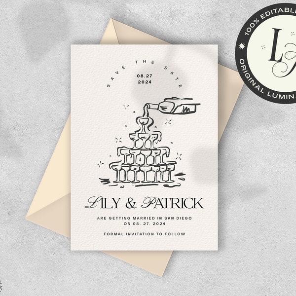 SAVE THE DATE Template, classic champagne tower, hand drawn vintage inspired, classy art deco gatsby wedding invitation, unique b&w | CL3