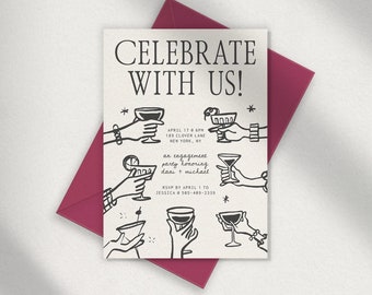 PARTY INVITATION TEMPLATE, hand drawn engagement celebration, handwritten colorful invite, cocktail glasses illustration, whimsical card