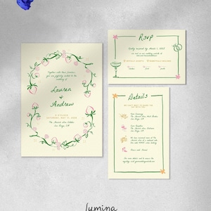 HOCHZEITS-EINLADUNGS-SET mit Rsvp, Gartenparty bunte Illustrationen, wunderlich handgezeichnet, Erdbeerranke, handgeschrieben, rosa grün | DP1