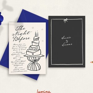 Modèle d'INVITATION DE DÎNER DE RÉPÉTITION, croquis fantaisiste dessiné à la main, la nuit avant le mariage, illustration de gâteau, manuscrit cursive modifiable