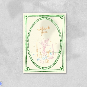 Modèle de CARTE DE REMERCIEMENT, note de mariage manuscrite fantaisiste et originale dessinée à la main parisienne vintage, bordure verte d'inspiration victorienne | GP1
