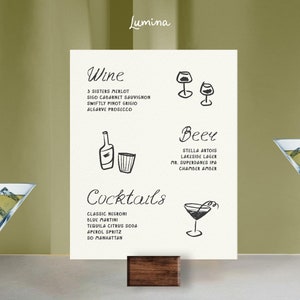 MODÈLE D'ENSEIGNE DE BAR, signalisation de cocktail, carte de boissons de mariage, manuscrite dessinée à la main, vin, cocktails, dessinée à la main, police de caractères cursive