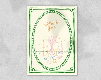 THANK YOU CARD Template, vintage Parisian hand drawn whimsical, quirky handwritten wedding note, victorian inspired green border | GP1
