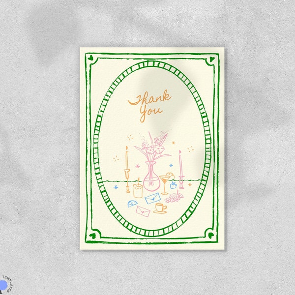 THANK YOU CARD Template, vintage Parisian hand drawn whimsical, quirky handwritten wedding note, victorian inspired green border | GP1
