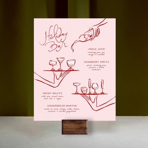 Szablon MENU NA NAPOJE ŚWIĄTECZNE, ręcznie rysowany znak baru, zabawna ilustracja świątecznych bazgrołów, pisane ręcznie, 8x10, czerwony i różowy, vintage