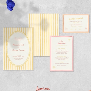 SET DE INVITACIONES DE BODA con RSVP, boda de verano, inspiración francesa, rayas amarillas, garabatos extravagantes escritos a mano, rosa, dibujados a mano