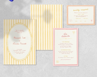 May include: A wedding invitation suite with yellow and white striped paper, pink paper with gold accents, and a peach and white floral design. The invitation reads "You are cordially invited to celebrate the wedding of Hannah Toll and Lucas Powell."