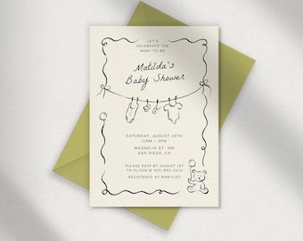 BABY SHOWER INVITE Template, whimsical playful hand drawn, clothes line, quirky illustrations, cute, editable, digital invitation, 5x7